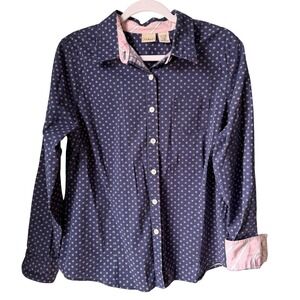 L.L. Bean Women's Blue Pink Polka Dot Button Down Shirt Contrast Cuff Collar L